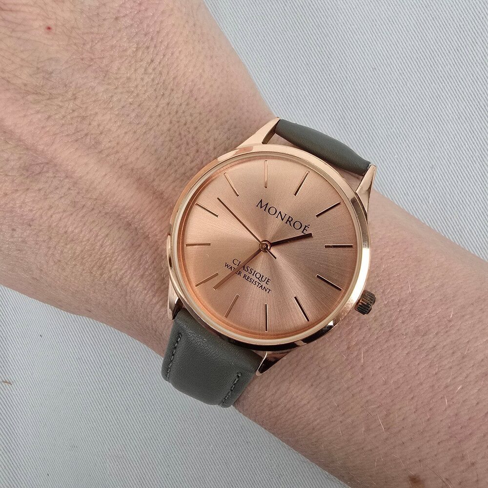 Monroe Rose Gold Grey Leather Band Watch